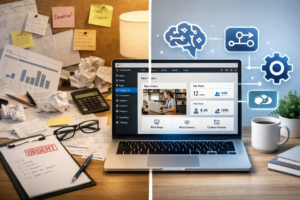 Split-screen showing manual business tasks on one side and automated WordPress AI workflow on the other.”