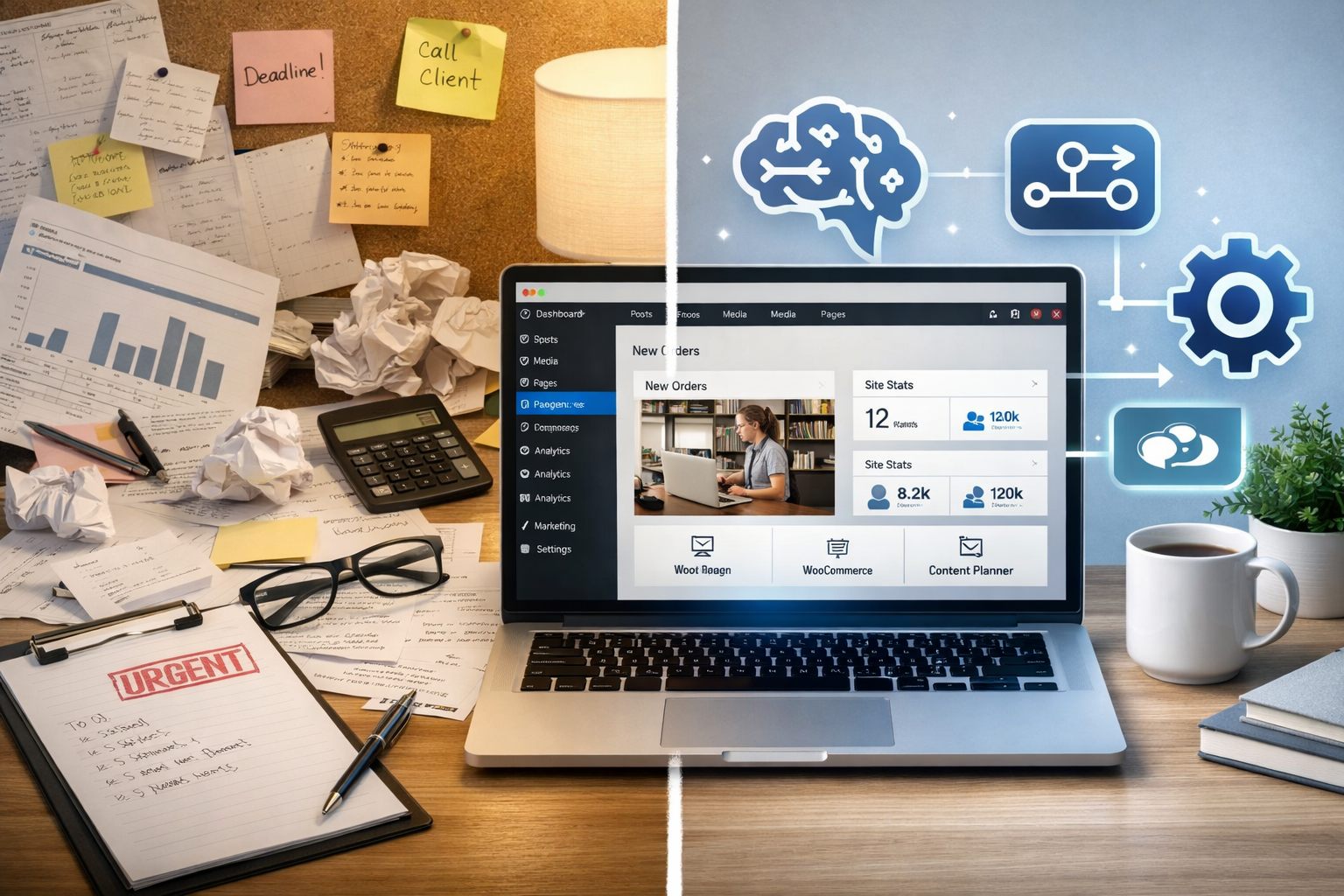 Split-screen showing manual business tasks on one side and automated WordPress AI workflow on the other.”
