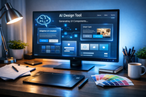 Designer’s workspace with an AI tool generating modern UI components on screen.