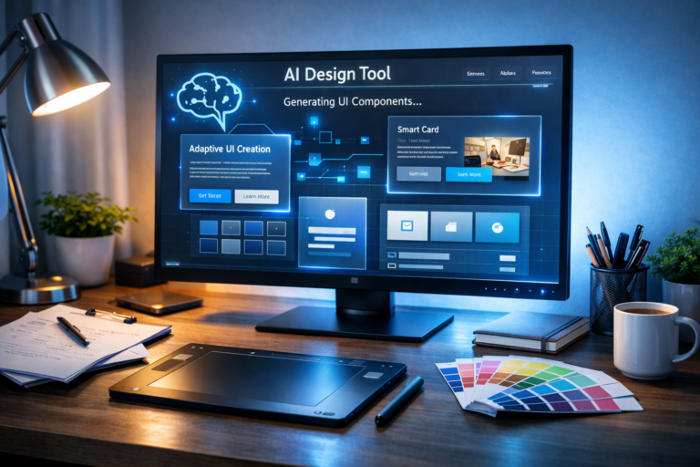 Designer’s workspace with an AI tool generating modern UI components on screen.