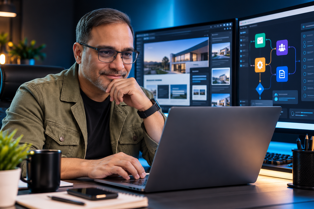 Focused, professional, and creative — showing him actively building a website and automation workflow.